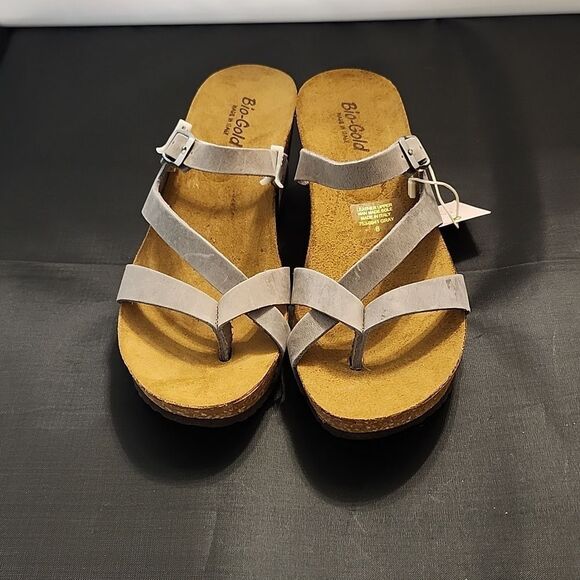 BRAND BIO-GOLD CORK WEDGE  GEOMETRIC CUTE OUT OPEN-TOE SANDAL R3 - Picture 2 of 15